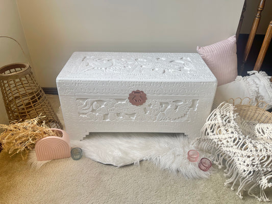 White camphor chest with copper rose latch