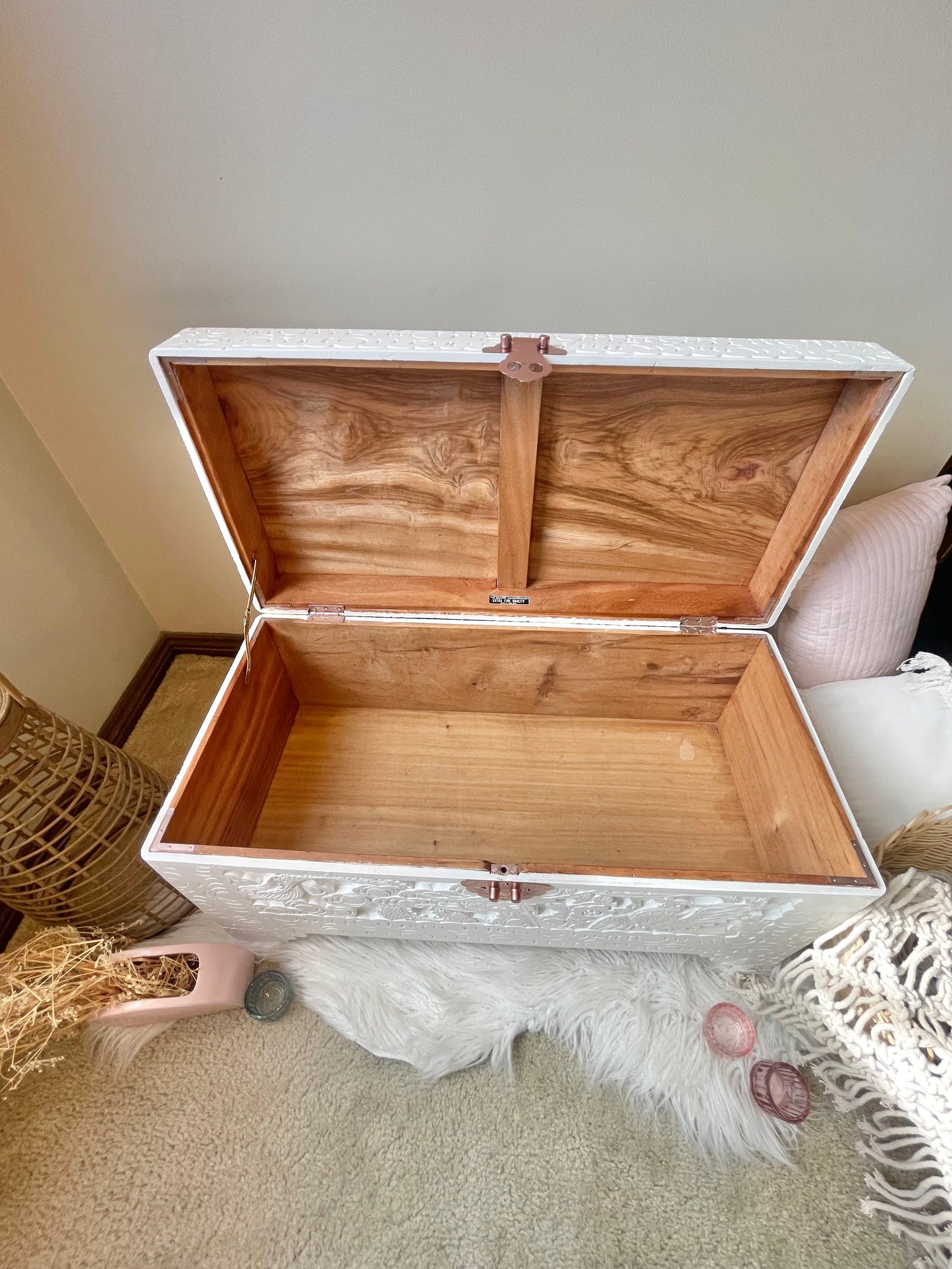 White camphor chest with copper rose latch