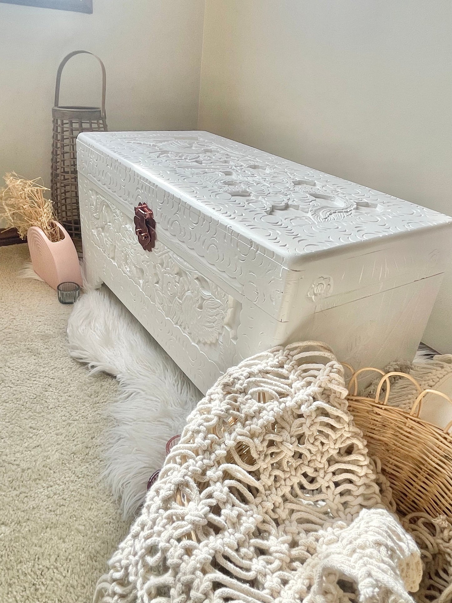 White camphor chest with copper rose latch