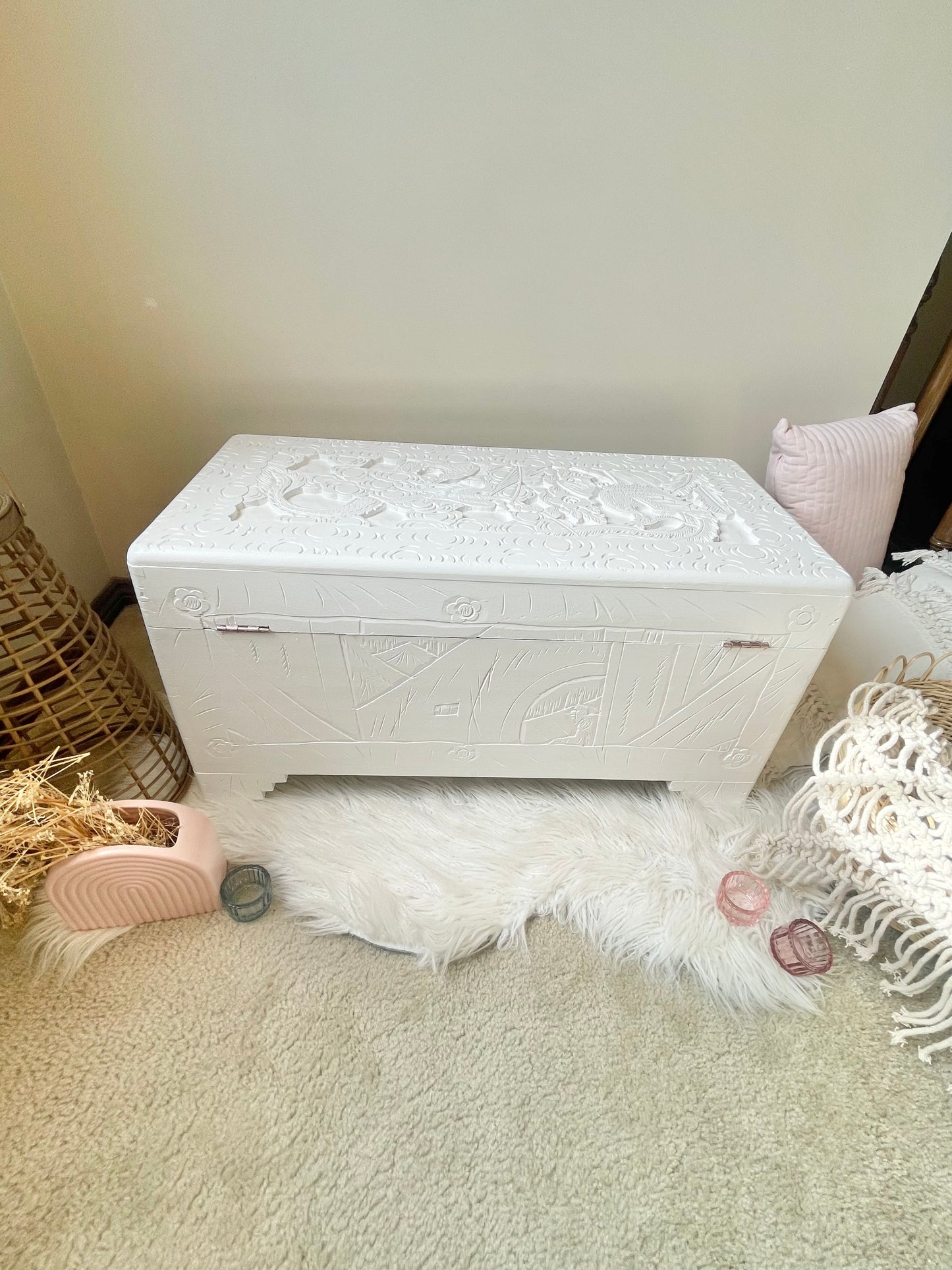 White camphor chest with copper rose latch