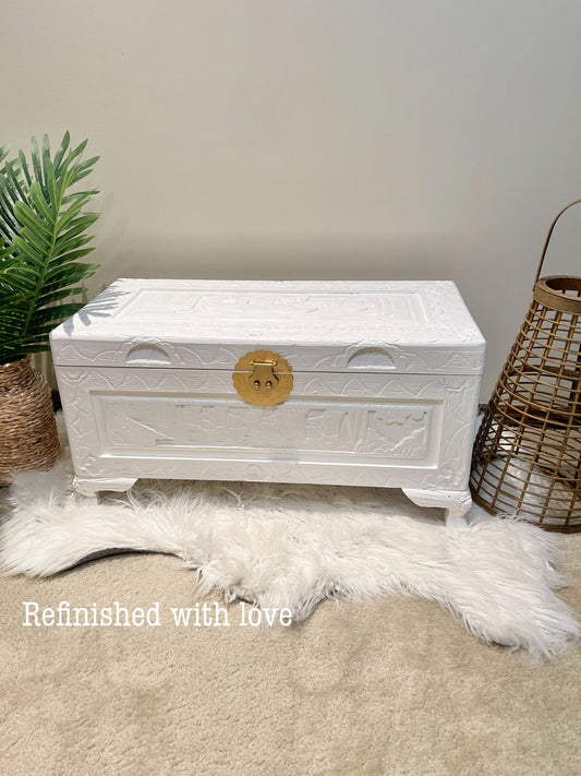 White camphor chest with gold latch